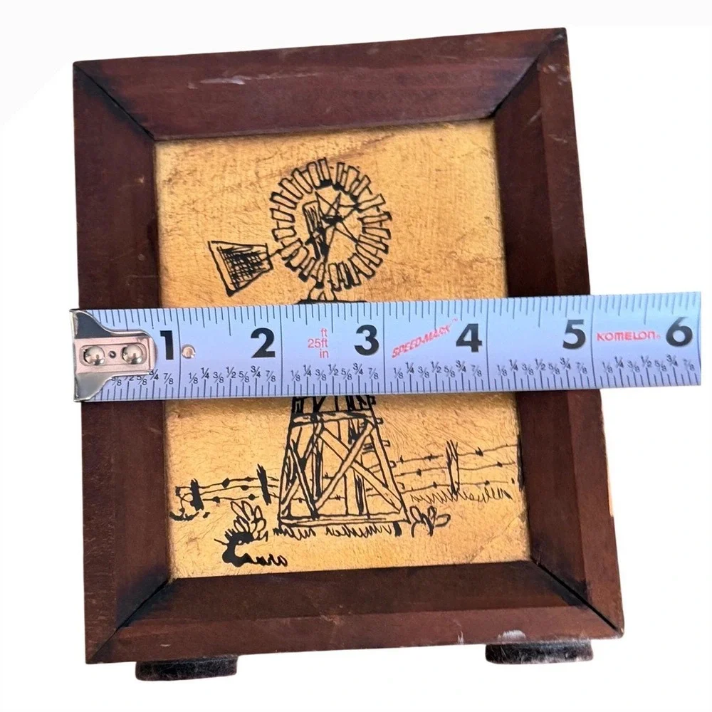 Vintage 70s Texas Windmill Sketch Gold Background Wood Frame Western Wall Art‎